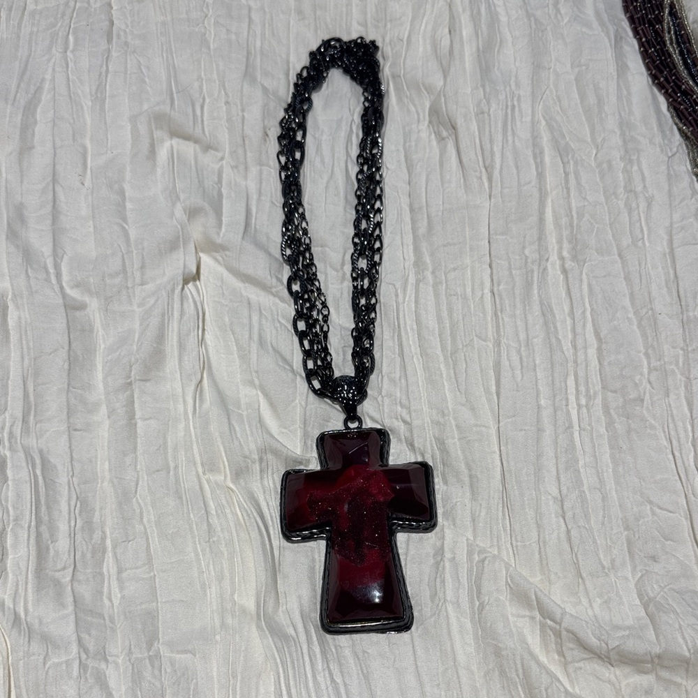 Black and Red distressed Cross Pendant rodeo Necklace black metal chain